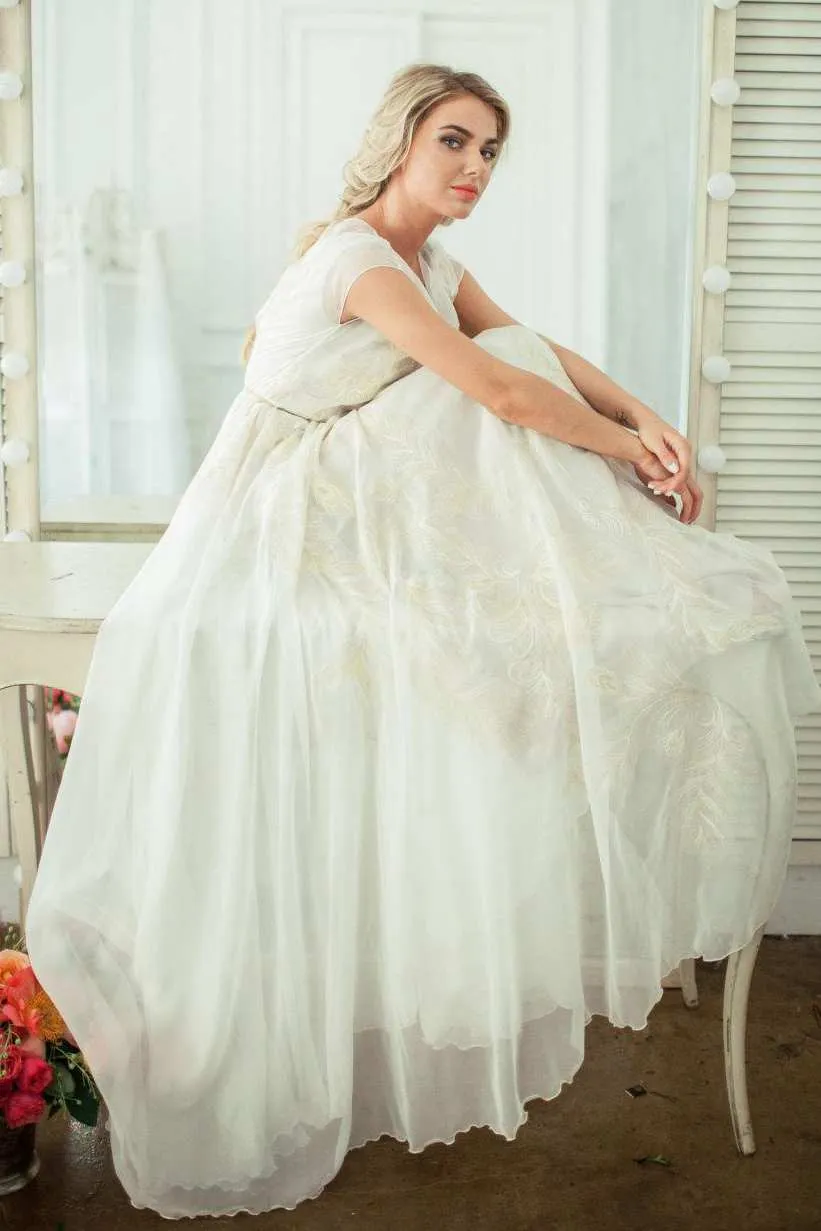 High Neck Chiffon Satin Embroidered Button Zipper Wedding Dress-714863