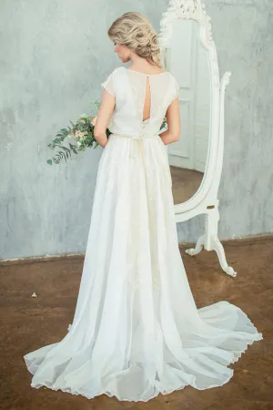 High Neck Chiffon Satin Embroidered Button Zipper Wedding Dress-714863