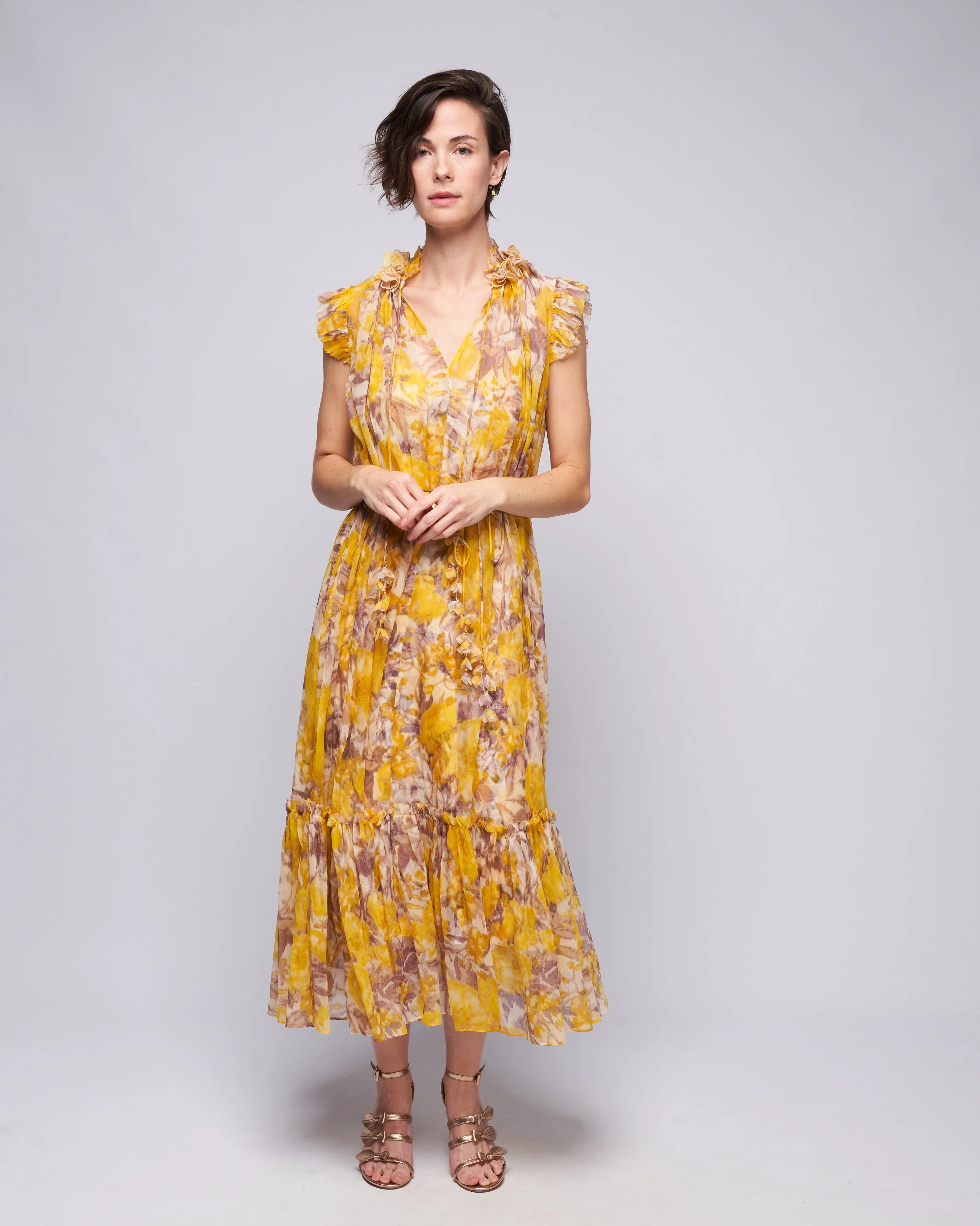 high tide flutter dress - yellow ikat floral