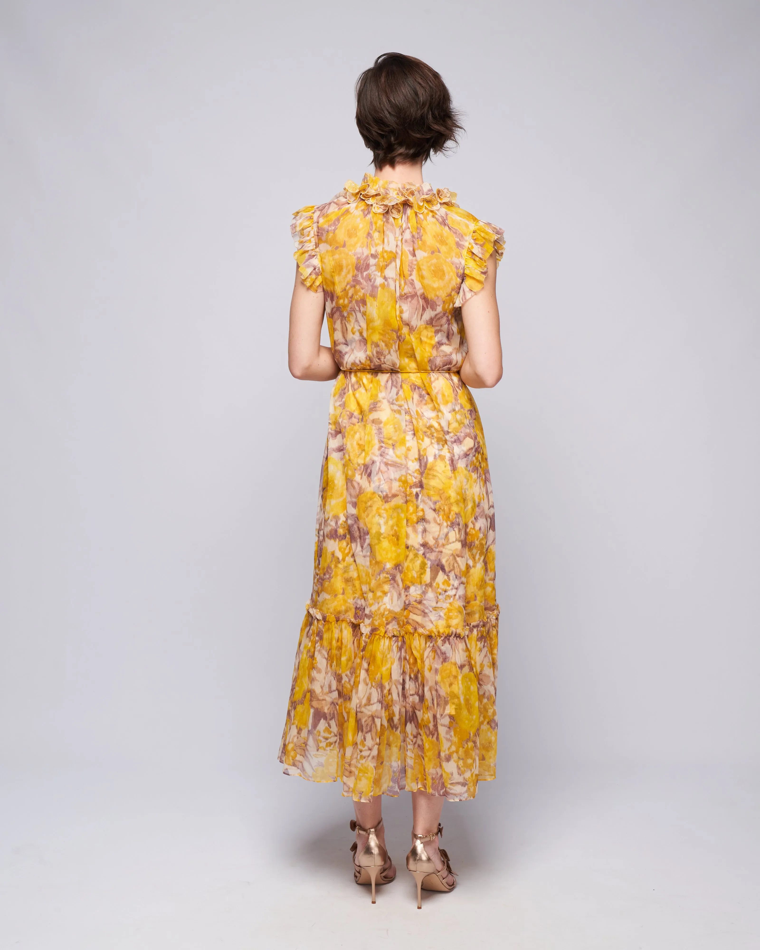 high tide flutter dress - yellow ikat floral