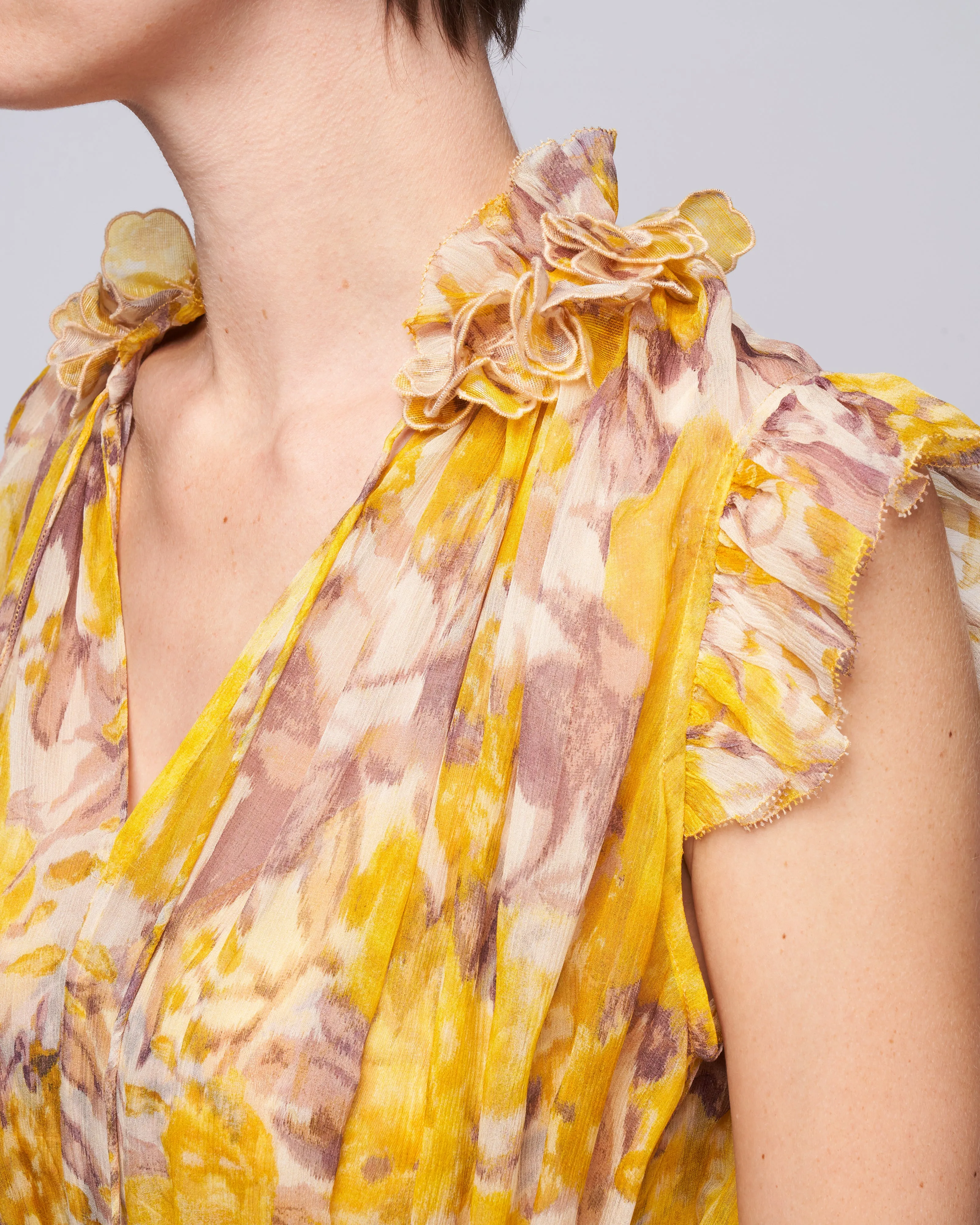high tide flutter dress - yellow ikat floral