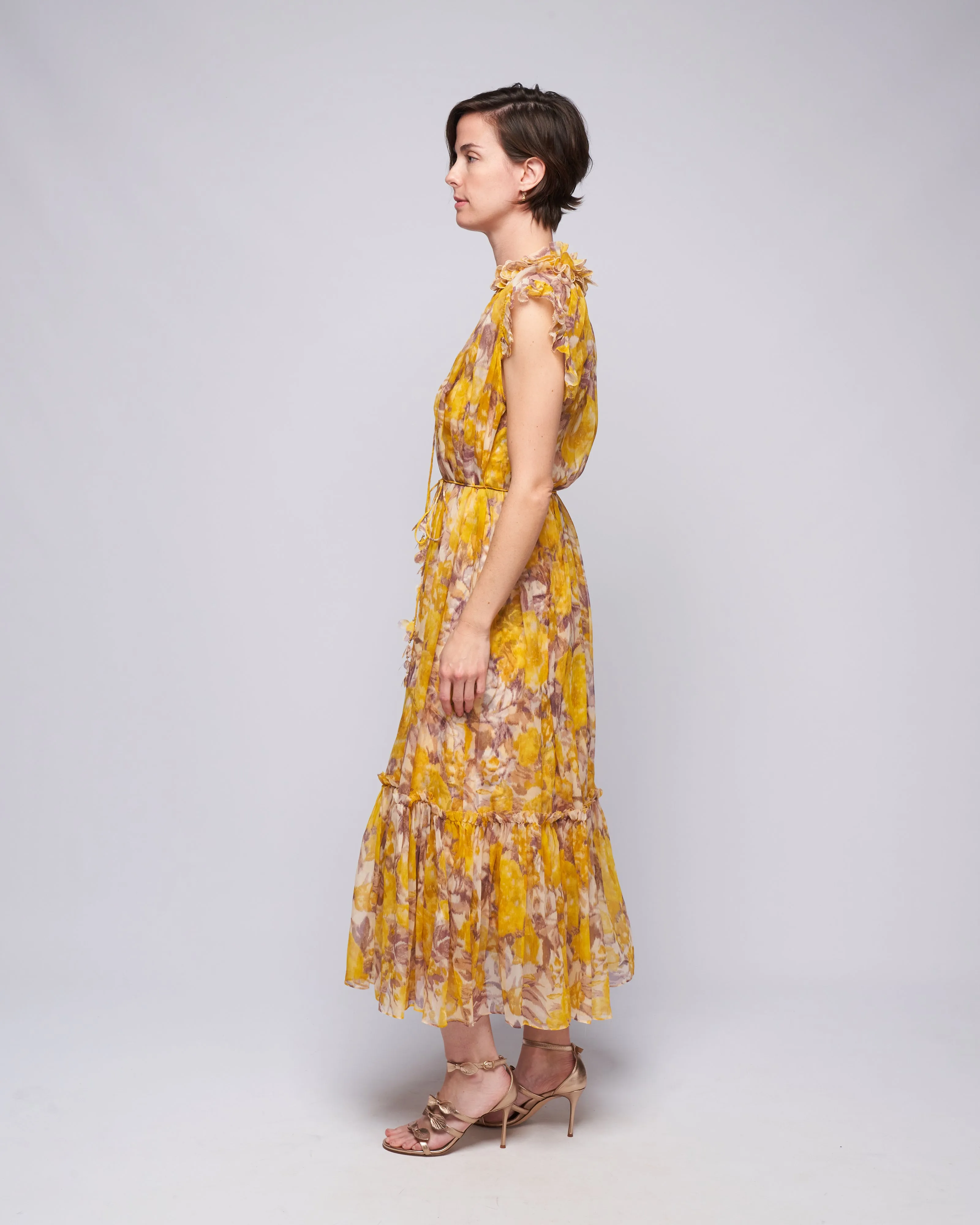 high tide flutter dress - yellow ikat floral