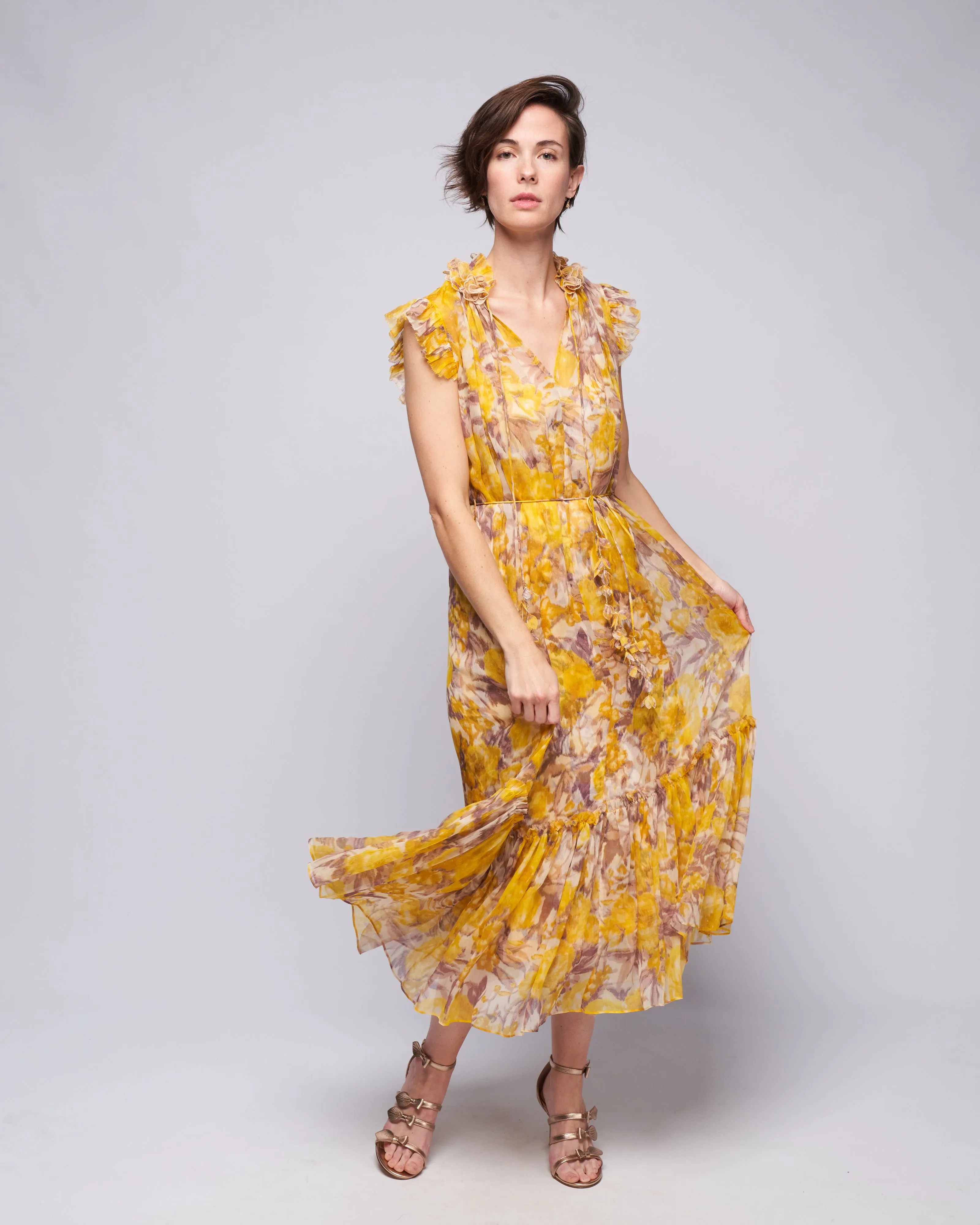 high tide flutter dress - yellow ikat floral