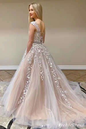 Hot  2024 A Line Lace Prom Dresses Long Beaded Appliques Belt Cross Back