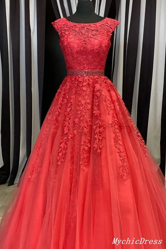 Hot  2024 A Line Lace Prom Dresses Long Beaded Appliques Belt Cross Back