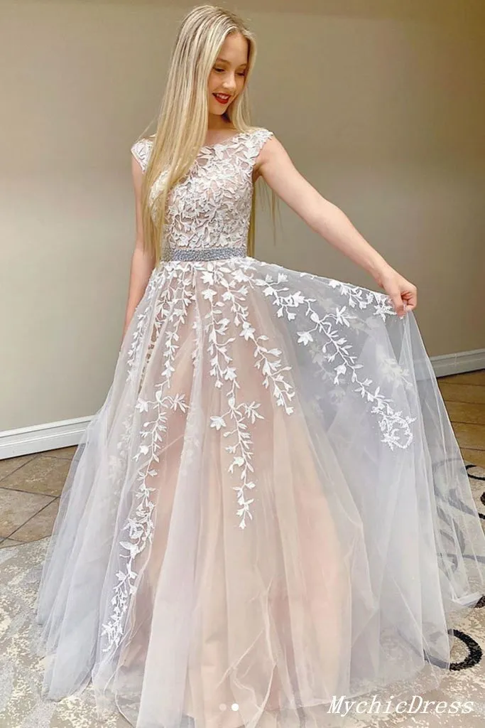 Hot  2024 A Line Lace Prom Dresses Long Beaded Appliques Belt Cross Back