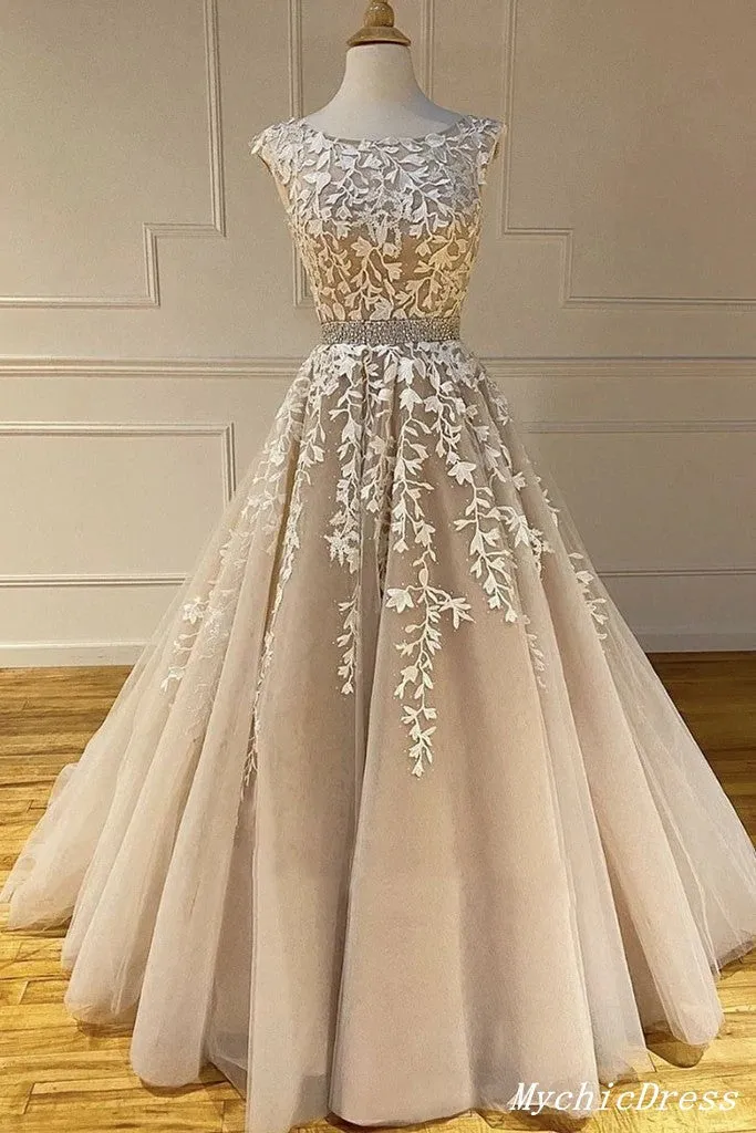 Hot  2024 A Line Lace Prom Dresses Long Beaded Appliques Belt Cross Back