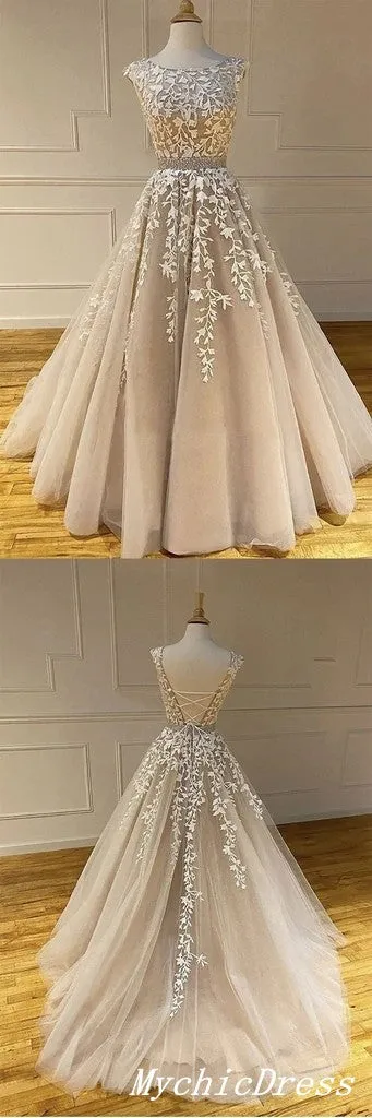 Hot  2024 A Line Lace Prom Dresses Long Beaded Appliques Belt Cross Back