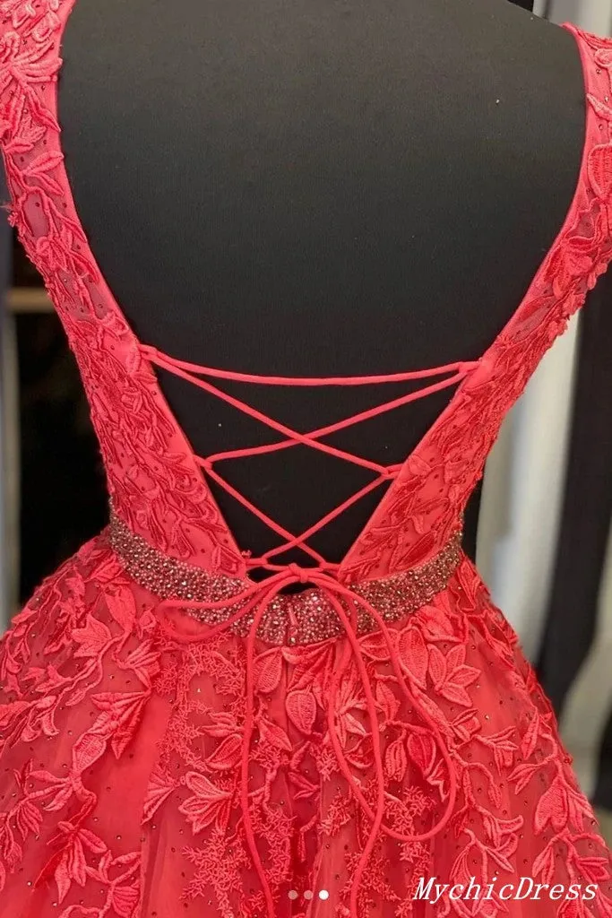 Hot  2024 A Line Lace Prom Dresses Long Beaded Appliques Belt Cross Back