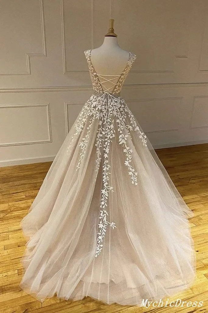 Hot  2024 A Line Lace Prom Dresses Long Beaded Appliques Belt Cross Back