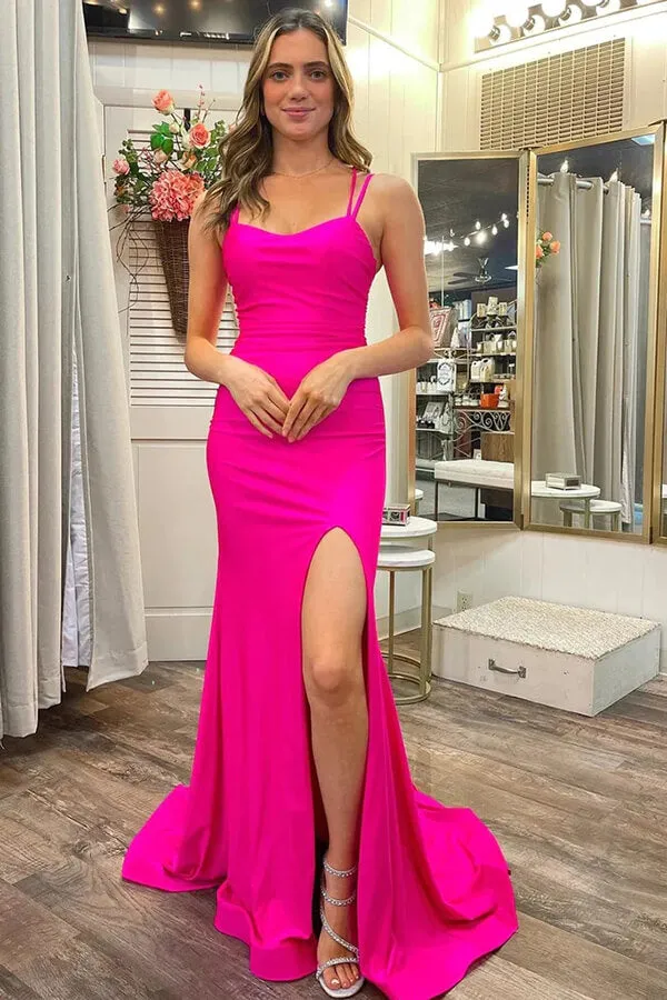 Hot Pink Scoop Neck Spaghetti Straps Lace-up Long Prom Dresses, MP933