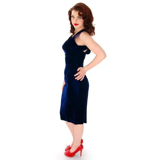 Hot Vintage Bombshell Cocktail Dress Deep Blue Velvet Halter Neckline  Miss Jane 1950s 34-23-35