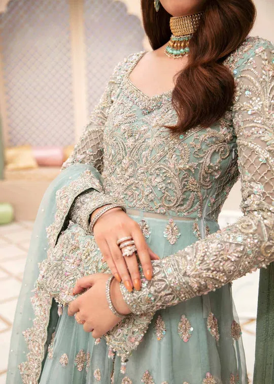 Ice Blue Heavily Embellished Pakistani Wedding Dress Heavy Flare Pishwas