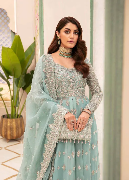 Ice Blue Heavily Embellished Pakistani Wedding Dress Heavy Flare Pishwas