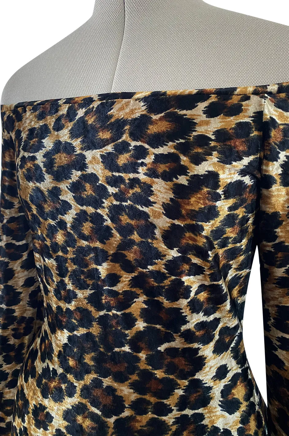 Iconic Fall 1989 Patrick Kelly Off Shoulder Leopard Stretch Velvet Dress