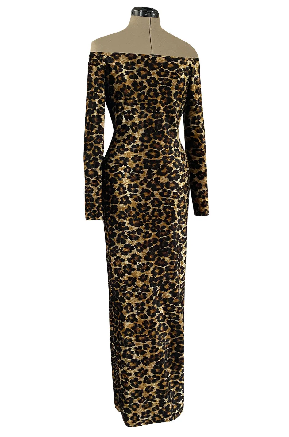 Iconic Fall 1989 Patrick Kelly Off Shoulder Leopard Stretch Velvet Dress