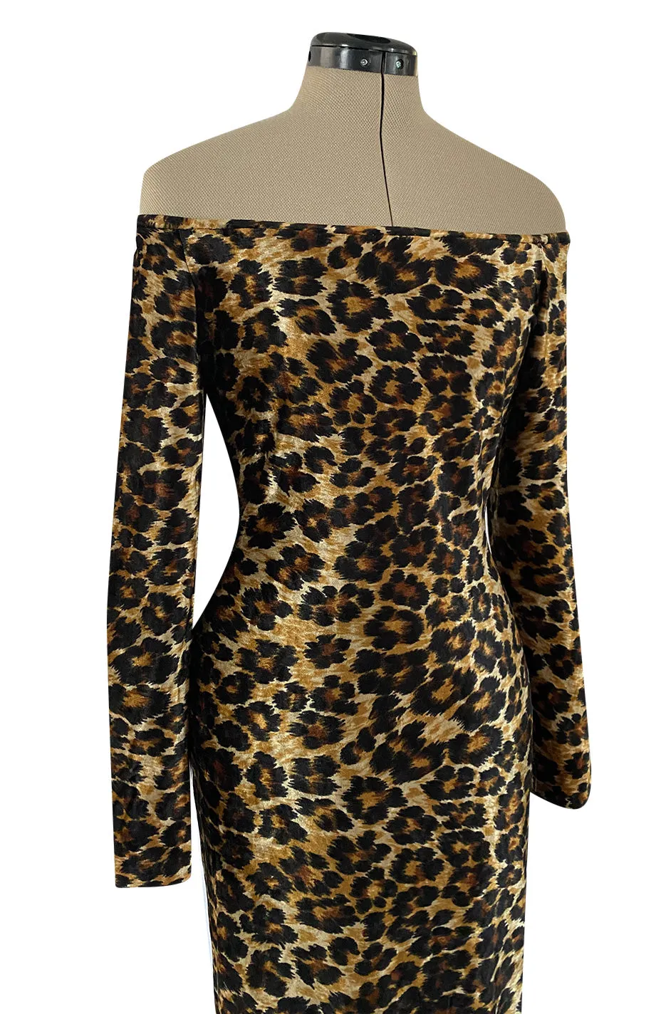 Iconic Fall 1989 Patrick Kelly Off Shoulder Leopard Stretch Velvet Dress