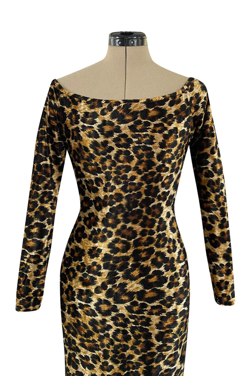 Iconic Fall 1989 Patrick Kelly Off Shoulder Leopard Stretch Velvet Dress