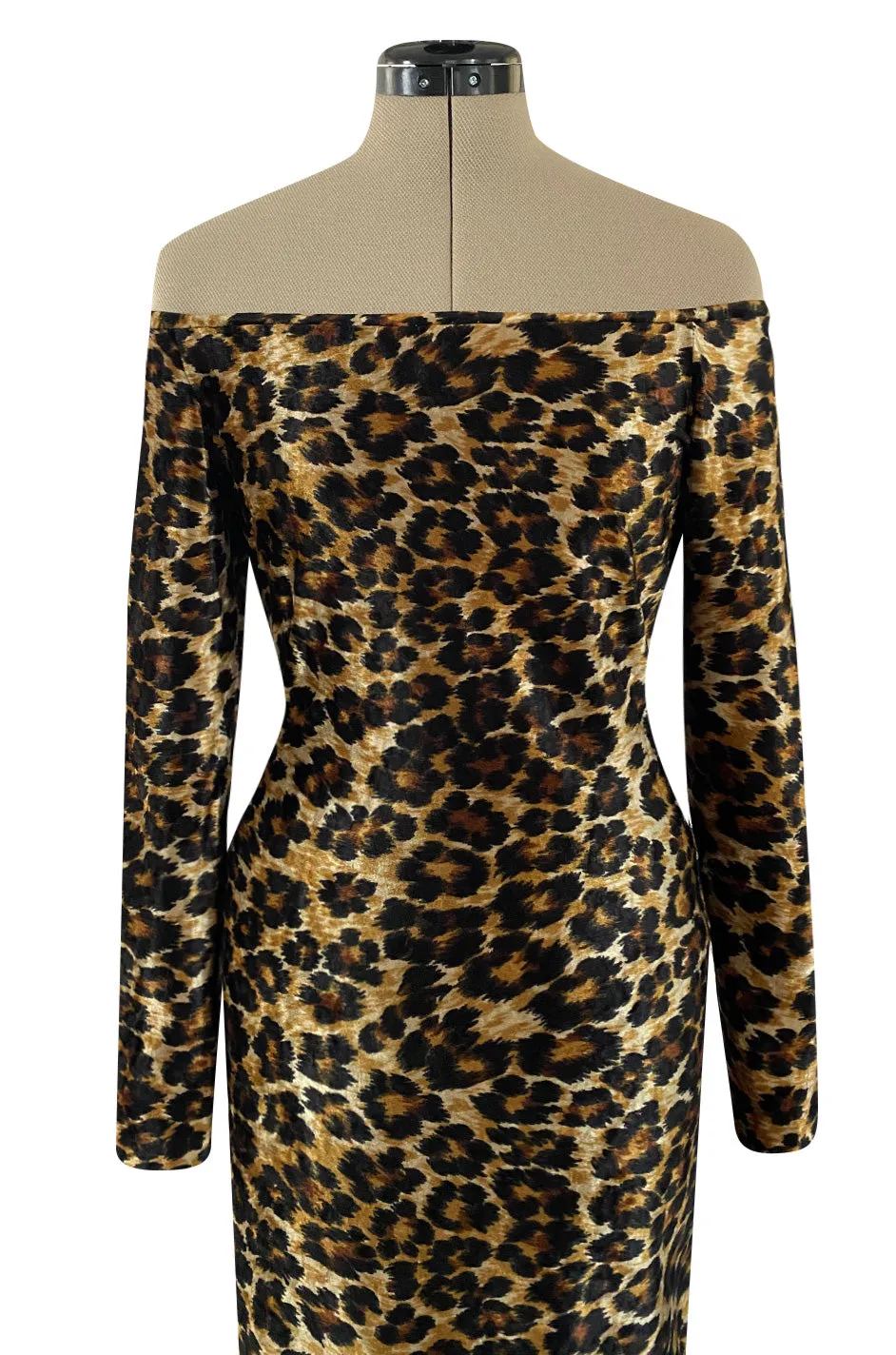 Iconic Fall 1989 Patrick Kelly Off Shoulder Leopard Stretch Velvet Dress