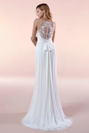 Illusion Sleeveless Deep V-neck Chiffon Gown With Sash And Pleats - 715657