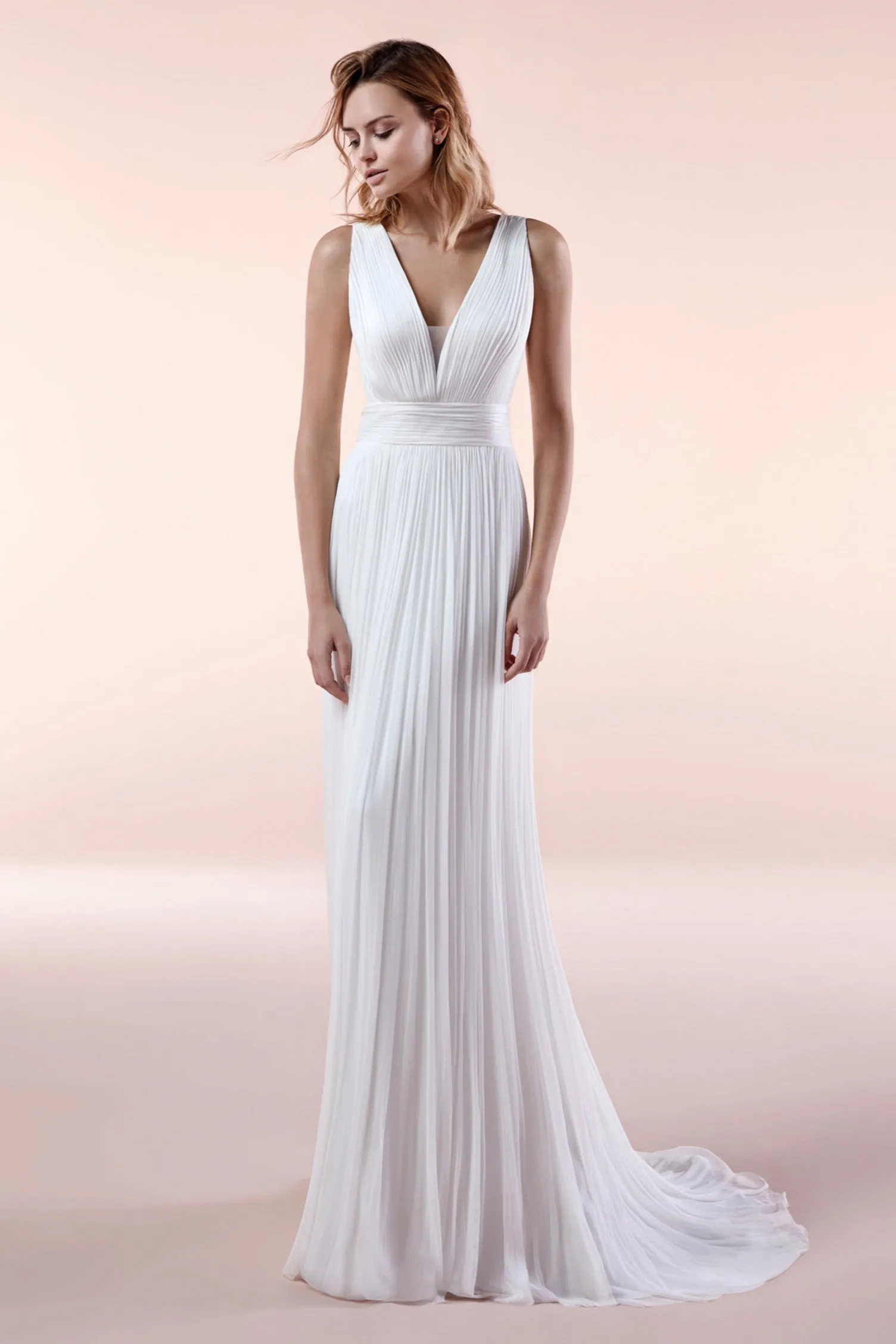 Illusion Sleeveless Deep V-neck Chiffon Gown With Sash And Pleats - 715657