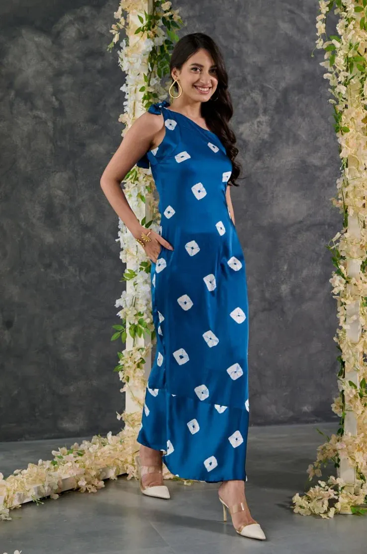 Indigo Bandhani Modal Satin One- shoulder Dress