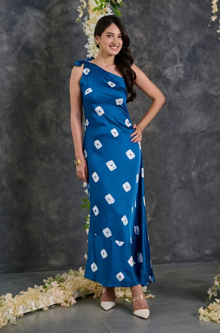 Indigo Bandhani Modal Satin One- shoulder Dress