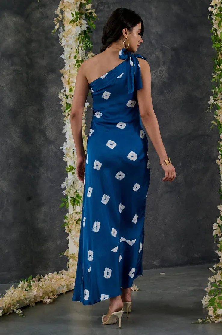 Indigo Bandhani Modal Satin One- shoulder Dress