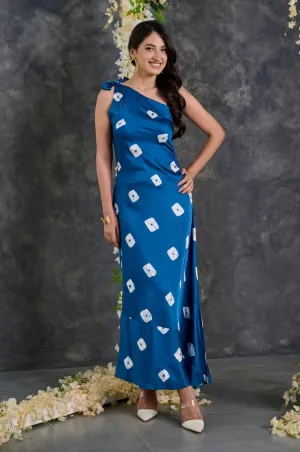Indigo Bandhani Modal Satin One- shoulder Dress
