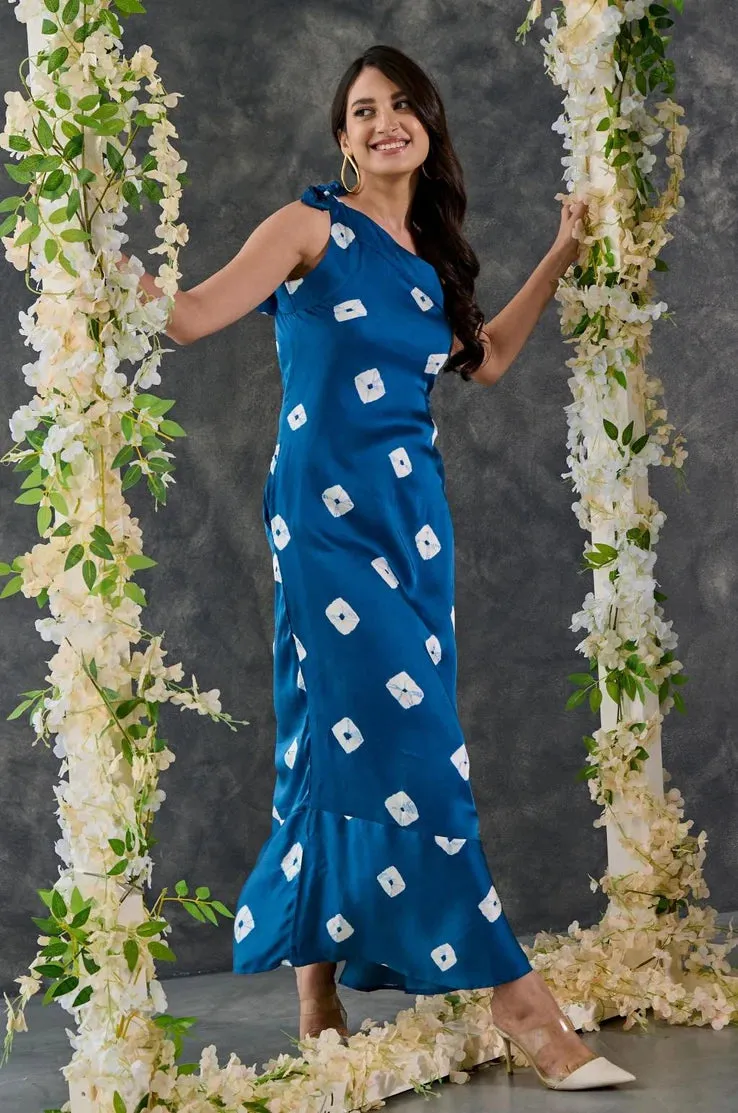 Indigo Bandhani Modal Satin One- shoulder Dress