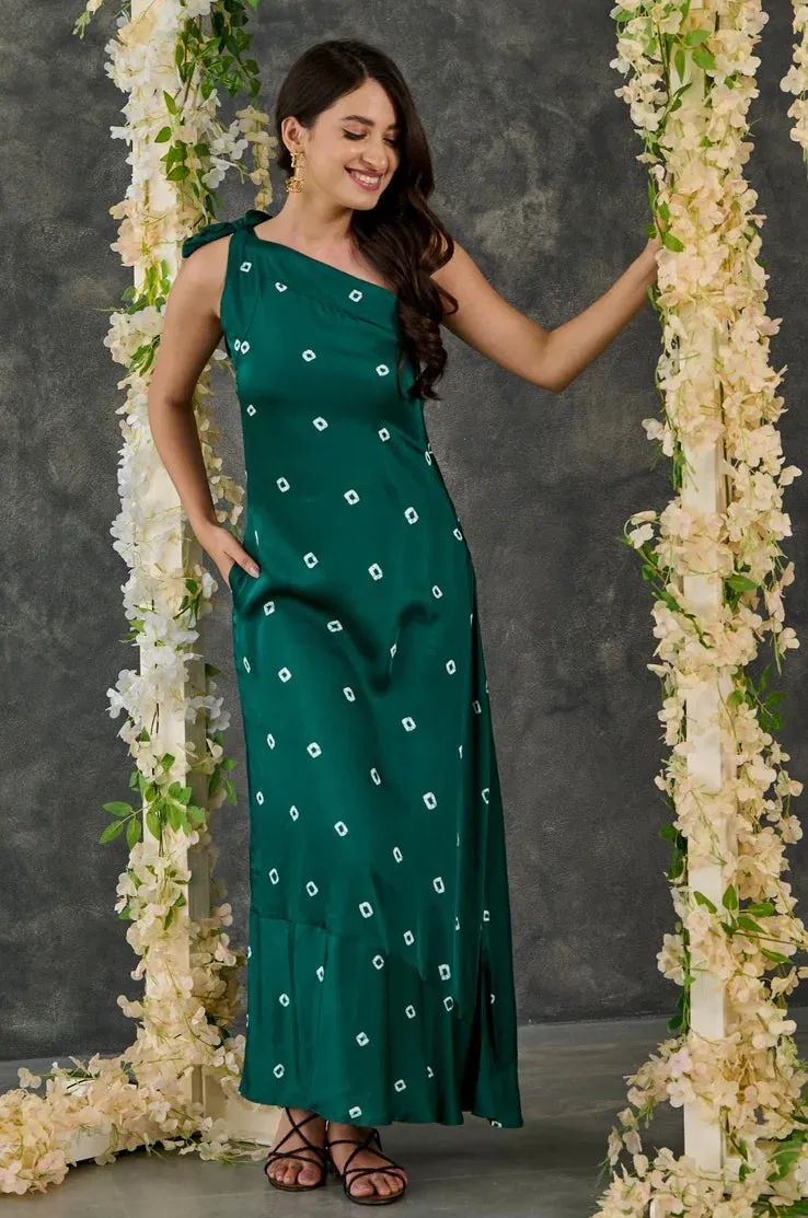 Indigo Bandhani Modal Satin One- shoulder Dress