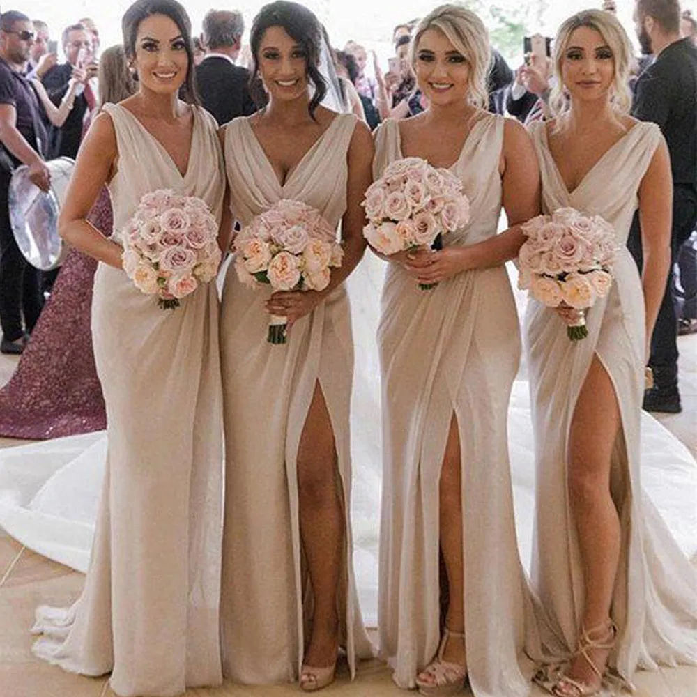 Ivory Bridesmaid Dress V Neck Pleats And Draped Side Slit Made With Chiffon