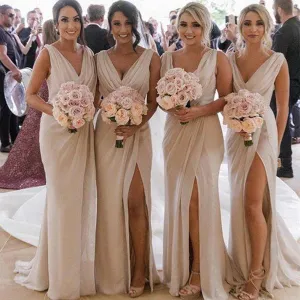 Ivory Bridesmaid Dress V Neck Pleats And Draped Side Slit Made With Chiffon