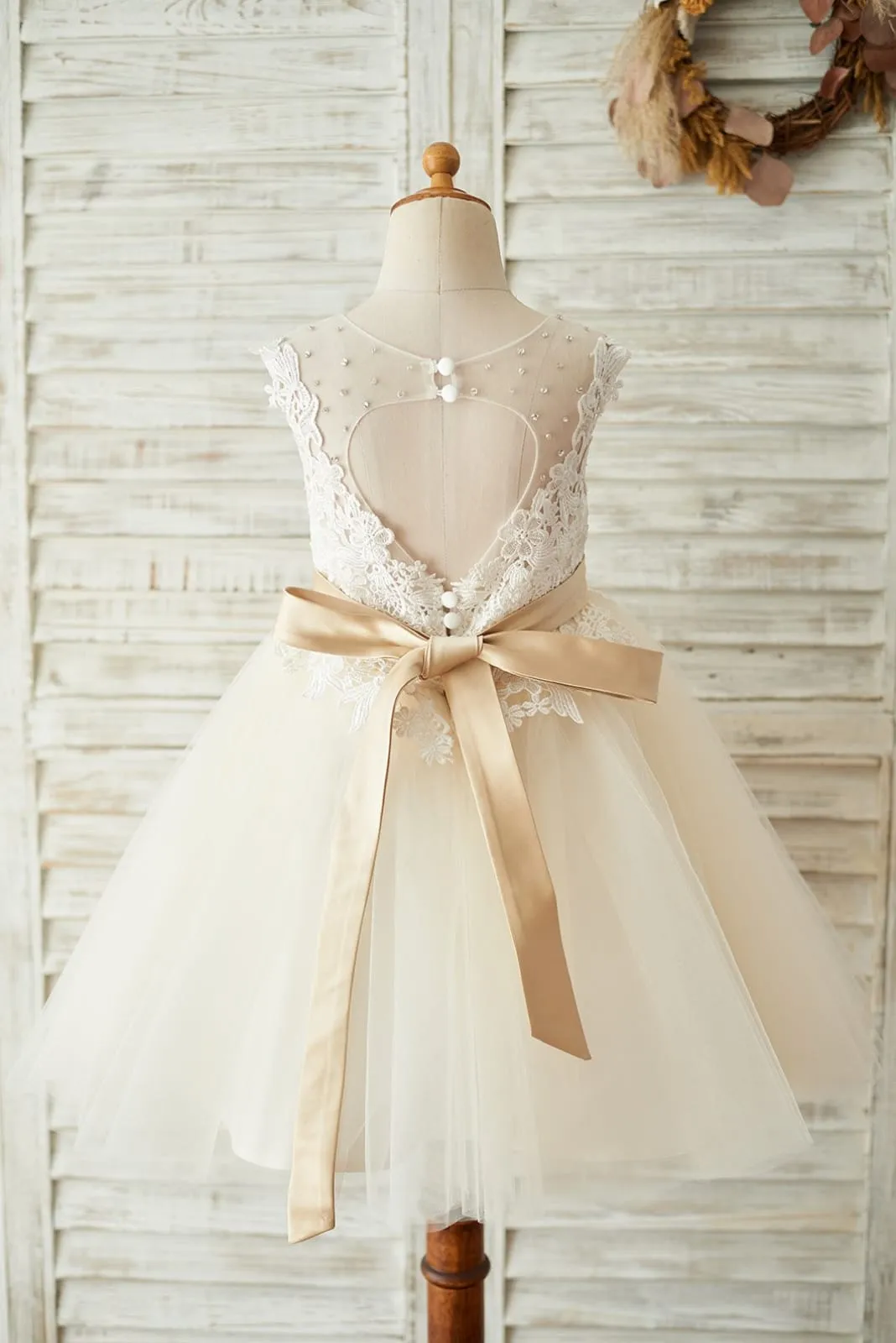 Ivory Lace Champagne Tulle Keyhole Back Wedding Party Flower Girl Dress, Belt