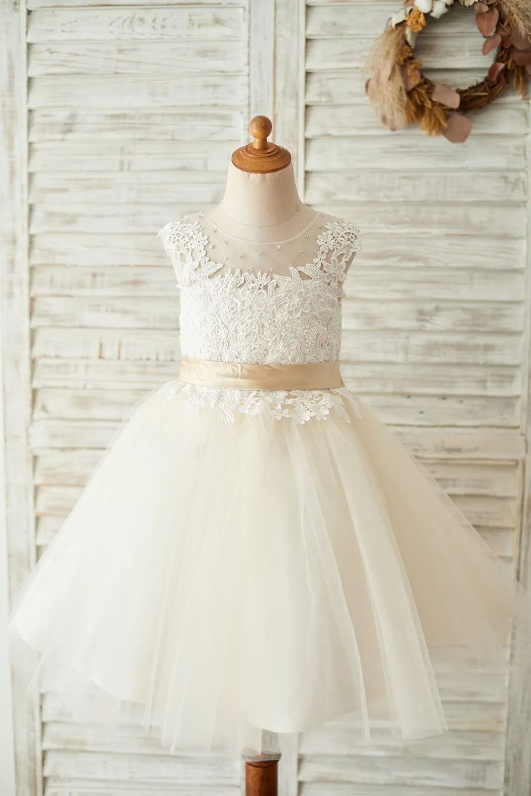 Ivory Lace Champagne Tulle Keyhole Back Wedding Party Flower Girl Dress, Belt
