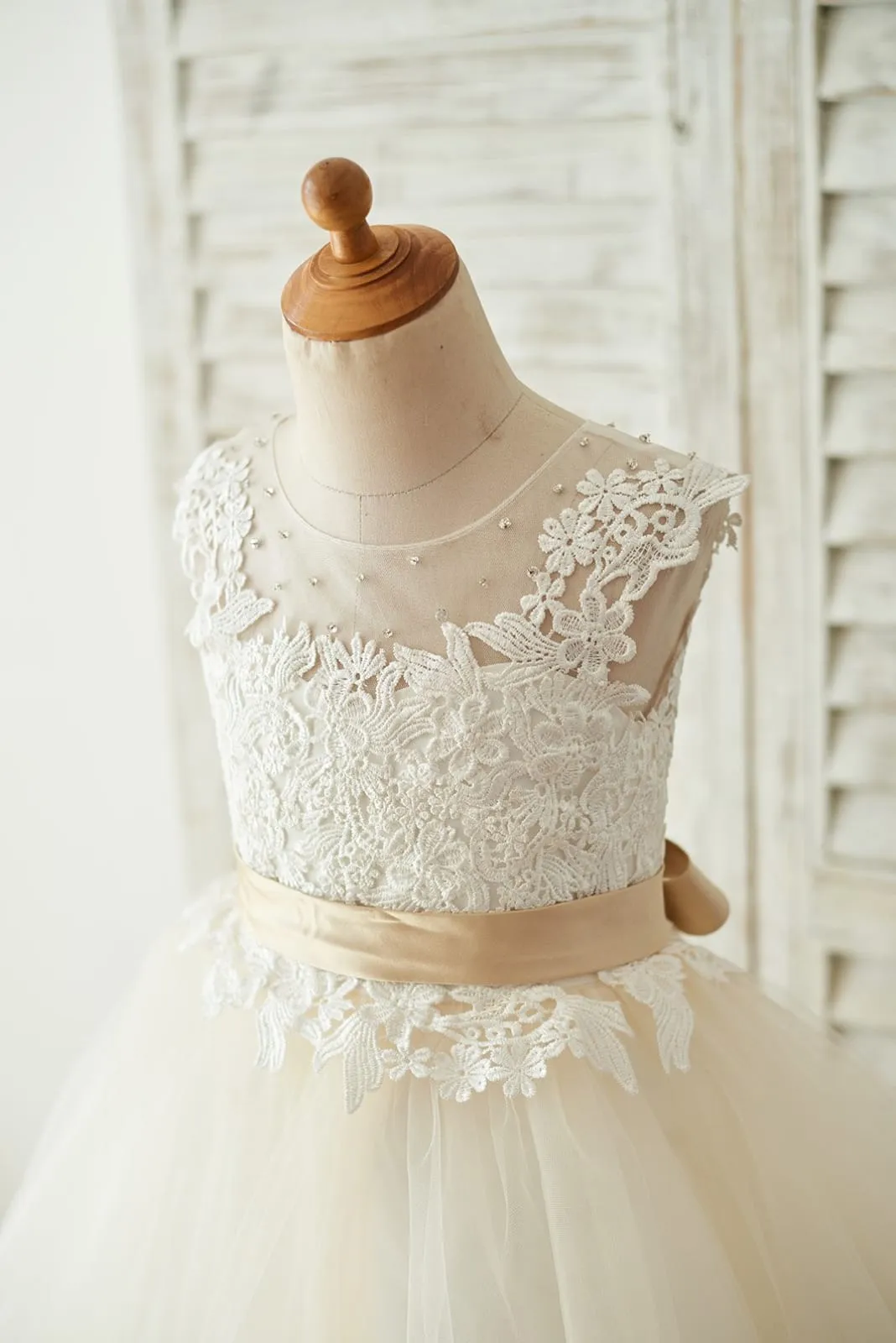 Ivory Lace Champagne Tulle Keyhole Back Wedding Party Flower Girl Dress, Belt