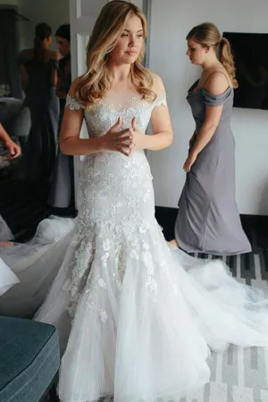 Ivory Lace Mermaid Off-the-Shoulder Illusion Neckline Wedding Dresses, MW541