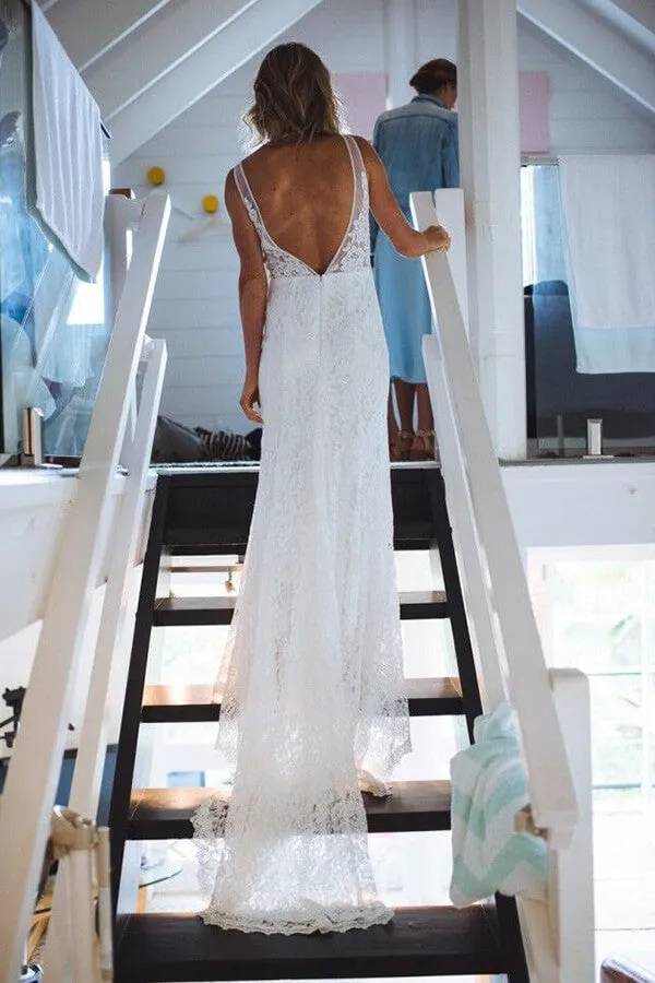 Ivory Lace Mermaid Open Back V-neck Long Beach Wedding Dresses, MW682