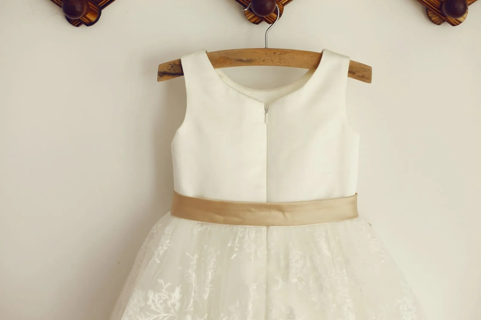 Ivory Lace Satin Wedding Flower Girl Dress, Champagne Belt