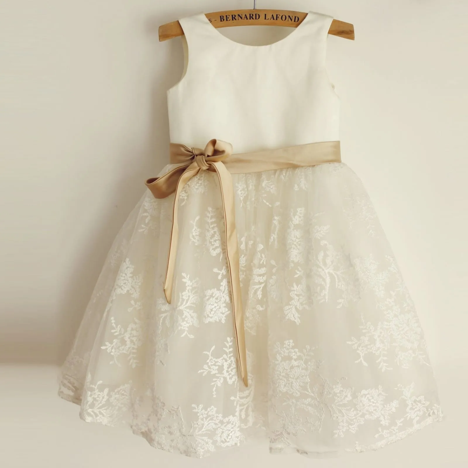 Ivory Lace Satin Wedding Flower Girl Dress, Champagne Belt