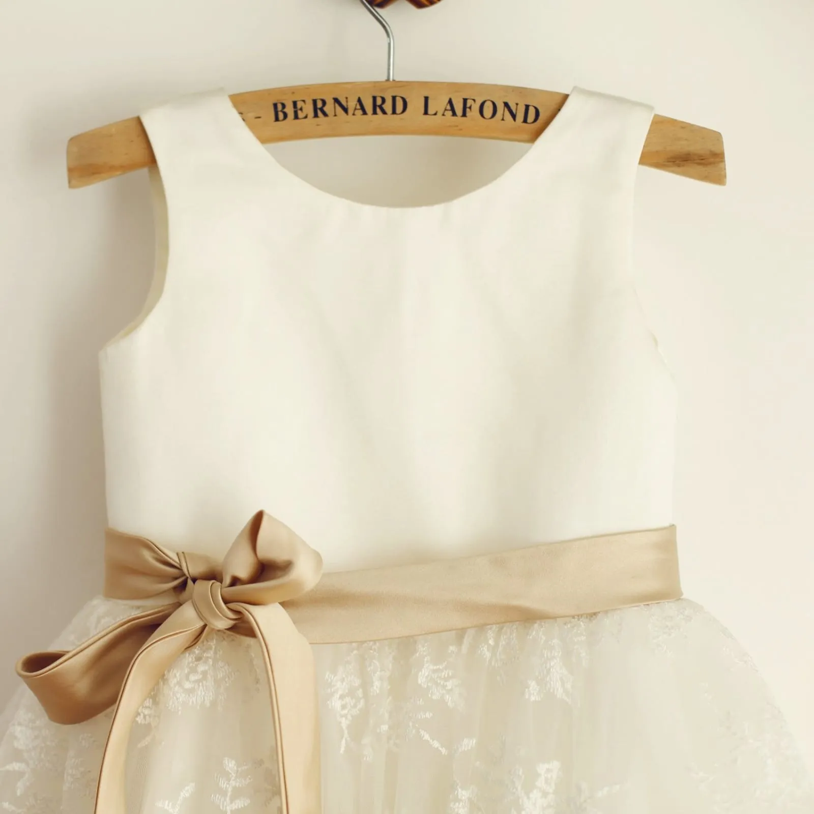 Ivory Lace Satin Wedding Flower Girl Dress, Champagne Belt
