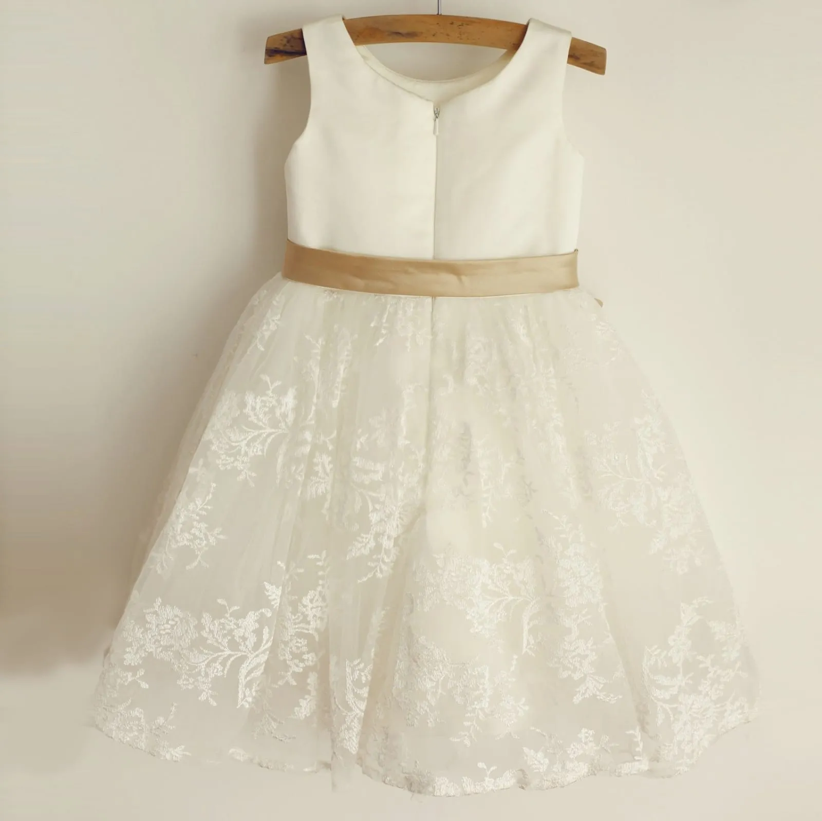 Ivory Lace Satin Wedding Flower Girl Dress, Champagne Belt