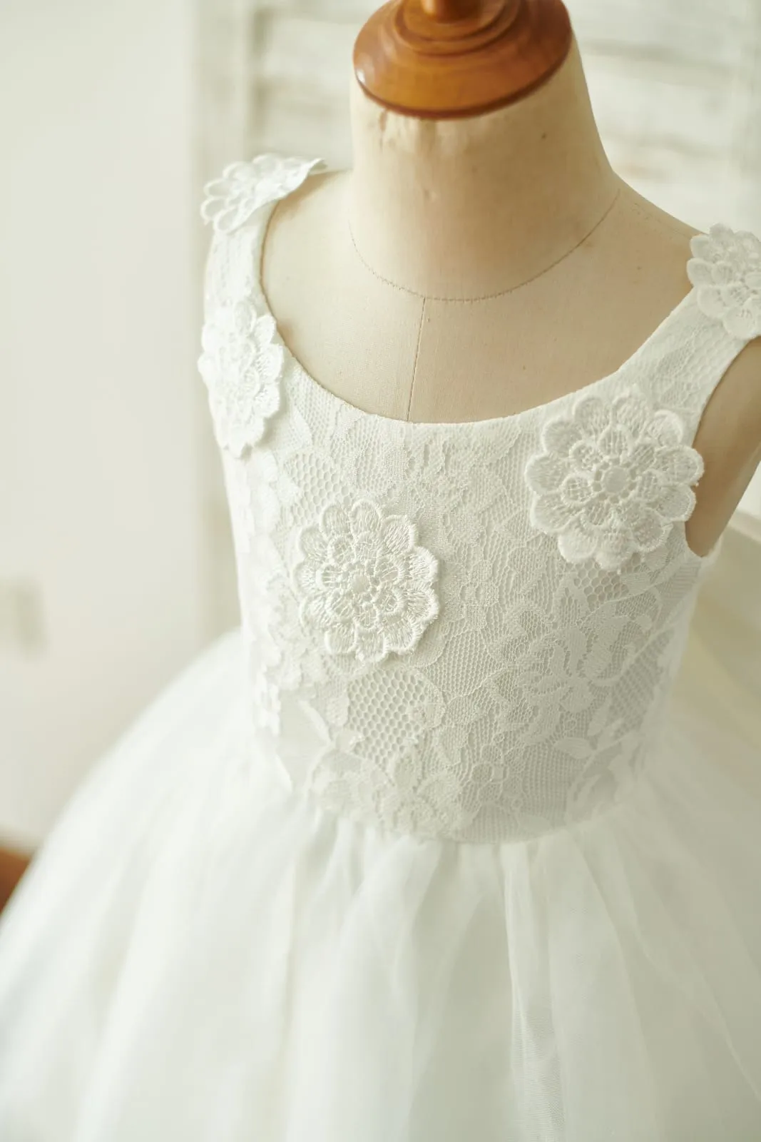 Ivory Lace Tulle Straps Wedding Flower Girl Dress, Big Bow