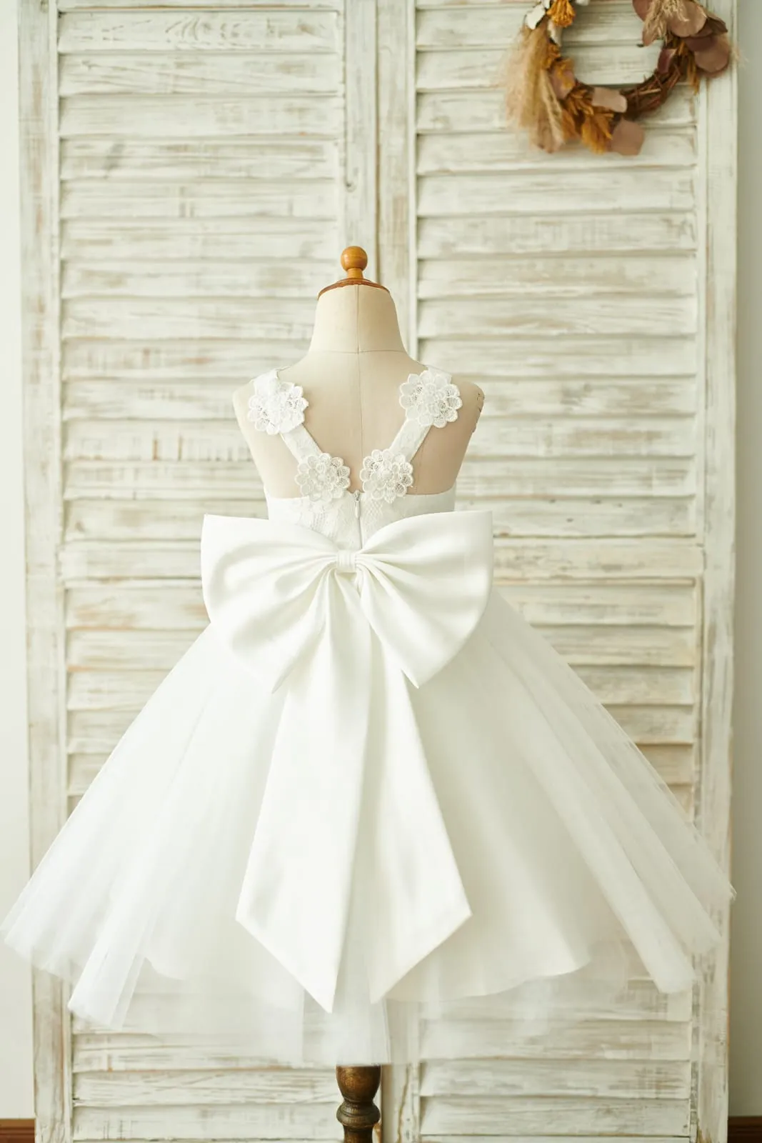 Ivory Lace Tulle Straps Wedding Flower Girl Dress, Big Bow