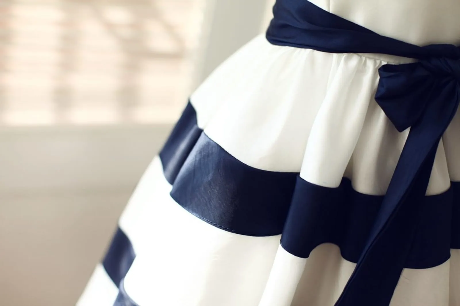 Ivory / Navy Blue Taffeta Stripes Wedding Flower Girl Dress