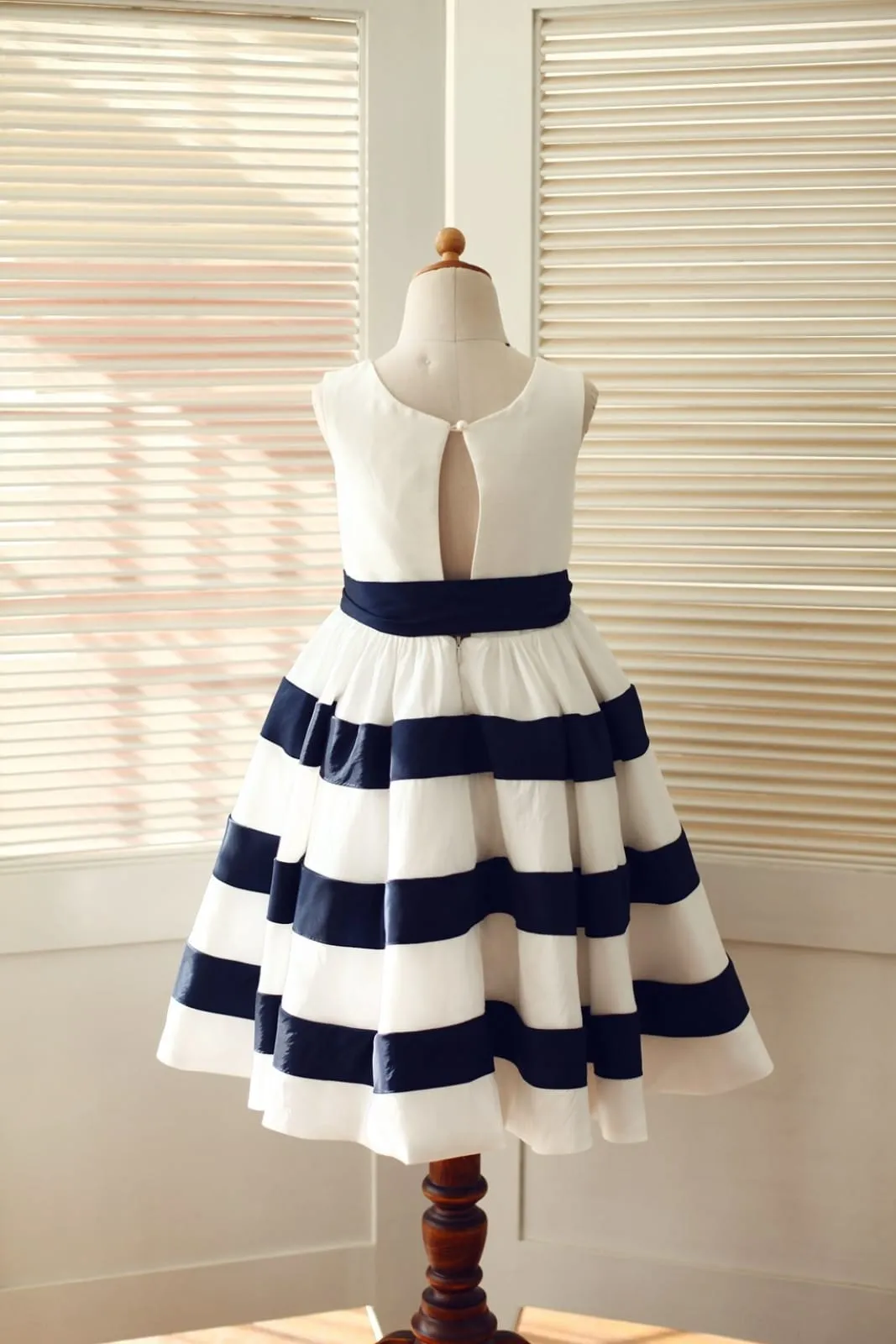 Ivory / Navy Blue Taffeta Stripes Wedding Flower Girl Dress