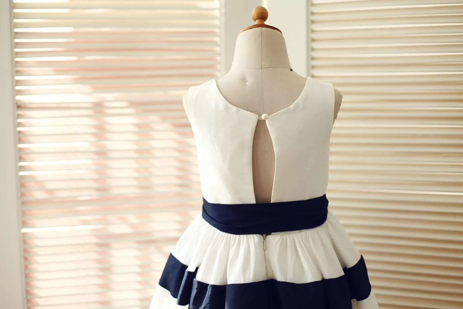 Ivory / Navy Blue Taffeta Stripes Wedding Flower Girl Dress