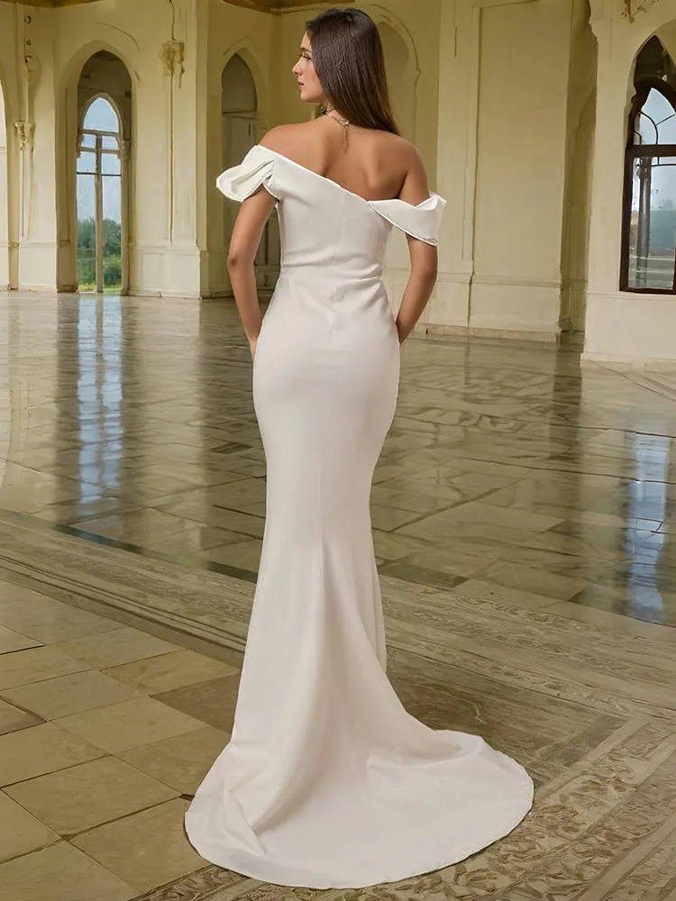 Ivory Satin Off The Shoulder Trumpet Long Prom Dress with Detachable Sleeves