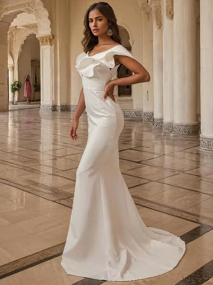 Ivory Satin Off The Shoulder Trumpet Long Prom Dress with Detachable Sleeves