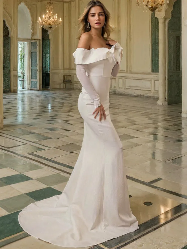 Ivory Satin Off The Shoulder Trumpet Long Prom Dress with Detachable Sleeves